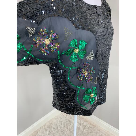 Vintage Green Black Sequin Top Cocktail Night Holiday Party Christmas Indie Alt - Picture 6 of 9
